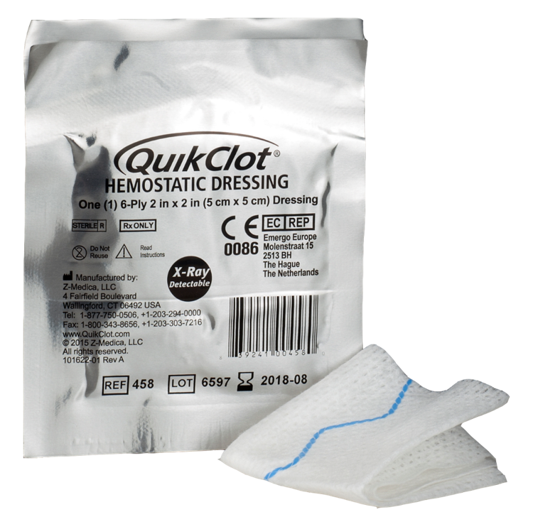 QuikClot Hemostatic Dressing 2 in x 2 in (5cm x 5cm) - Box of 10
