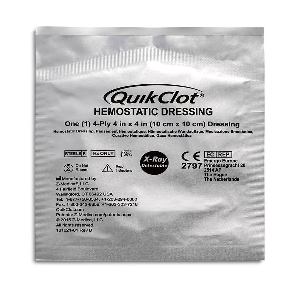 QuikClot Hemostatic Dressing 4 in x 4 in (10cm x 10cm) - Singles