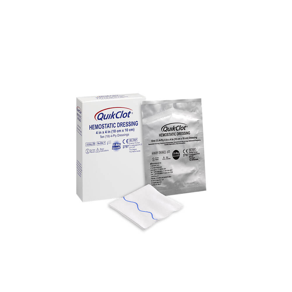 QuikClot Hemostatic Dressing 4 in x 4 in (10cm x 10cm) - Box of 10