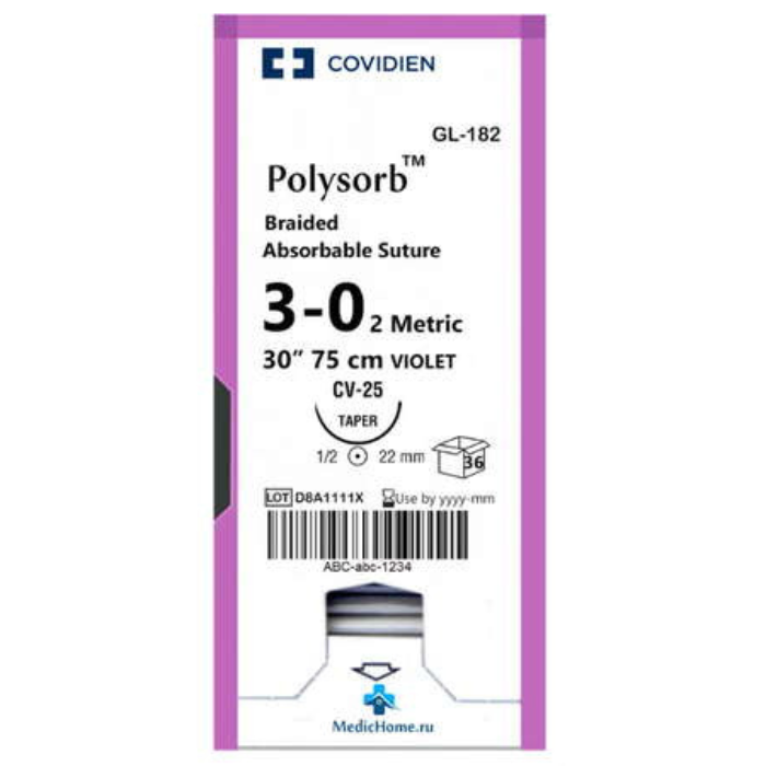 Covidien GL182 - Suture 3-0 Polyester CV-25 Polysorb Violet 30" Braid 36/Bx