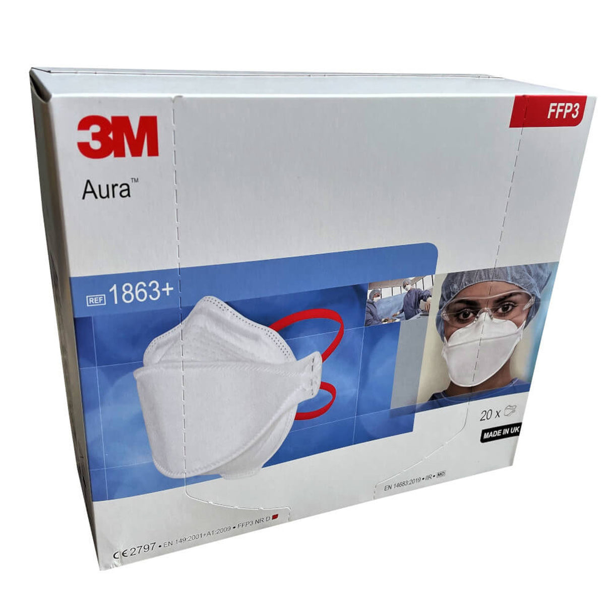 3M 1863+ Aura FFP3 Unvalved Respirator Face Mask - Box of 20