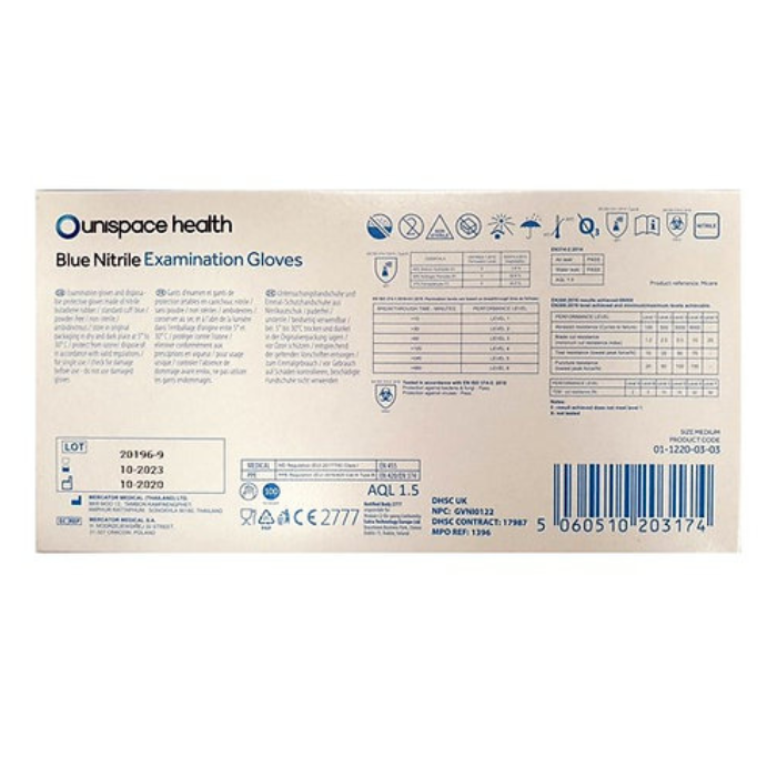 Unispace Blue Nitrile Examination Gloves - Pack  of 100